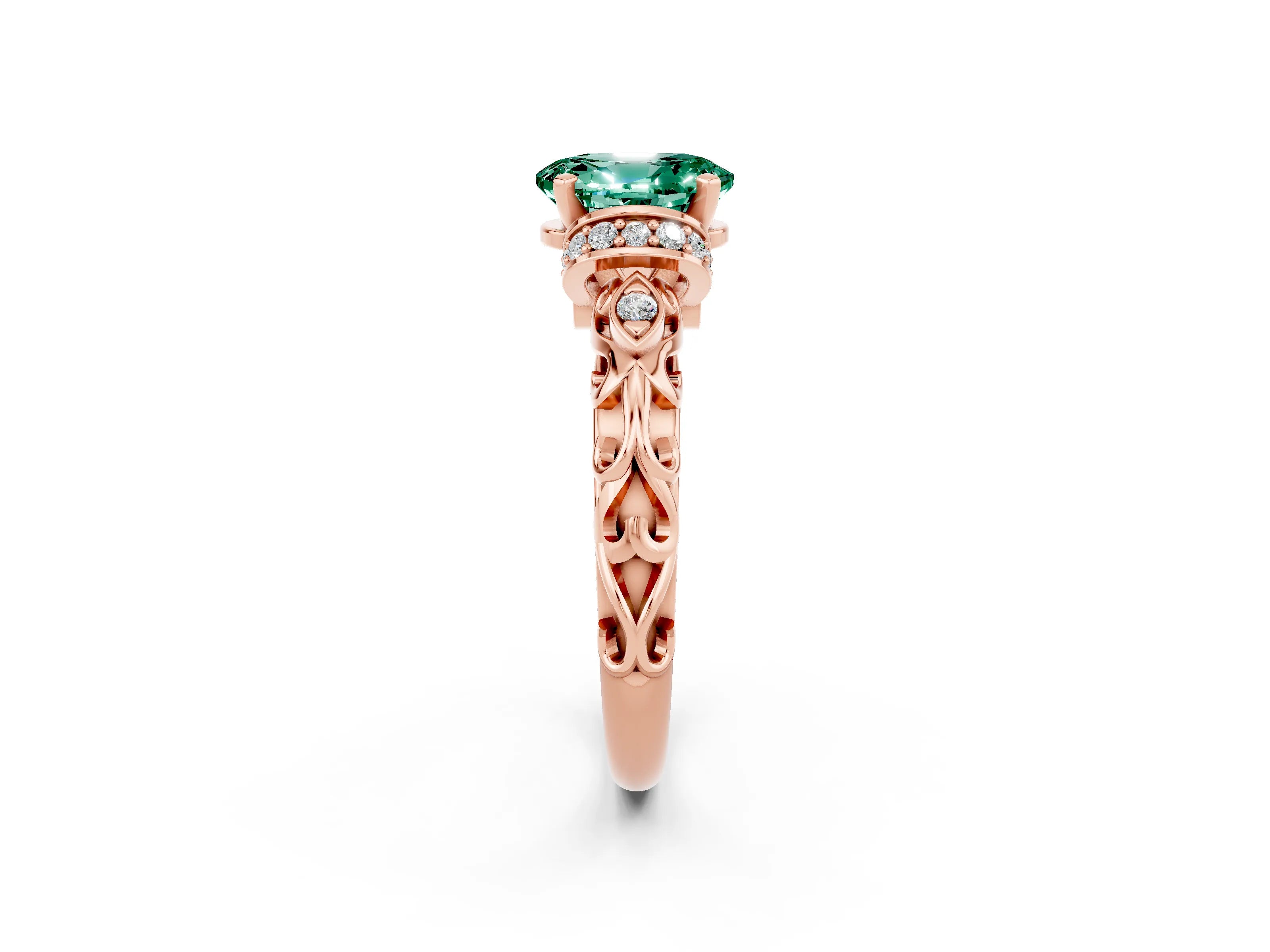 Rose gold Oval Cut Green Sapphire Solitaire Ring with Filigree Band and Four-Prong Setting_26