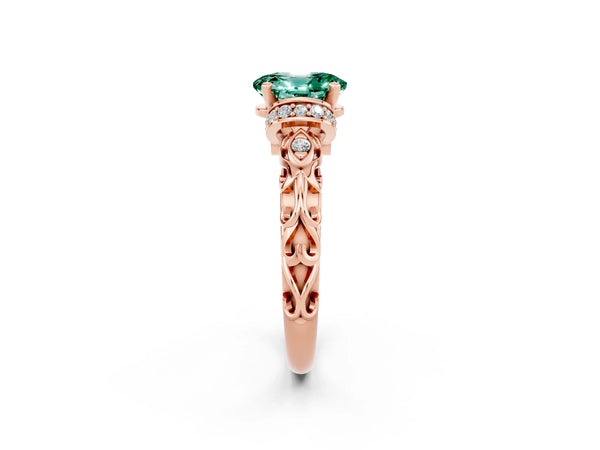 Rose gold Oval Cut Green Sapphire Solitaire Ring with Filigree Band and Four-Prong Setting
