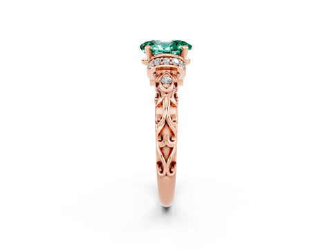 Rose gold Oval Cut Green Sapphire Solitaire Ring with Filigree Band and Four-Prong Setting_26