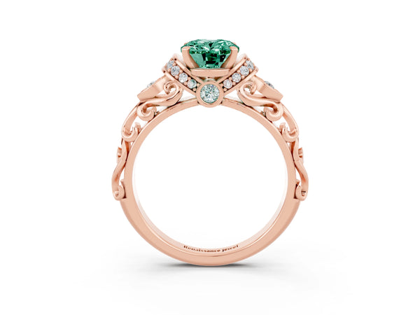 Rose gold Oval Cut Green Sapphire Solitaire Ring with Filigree Band and Four-Prong Setting