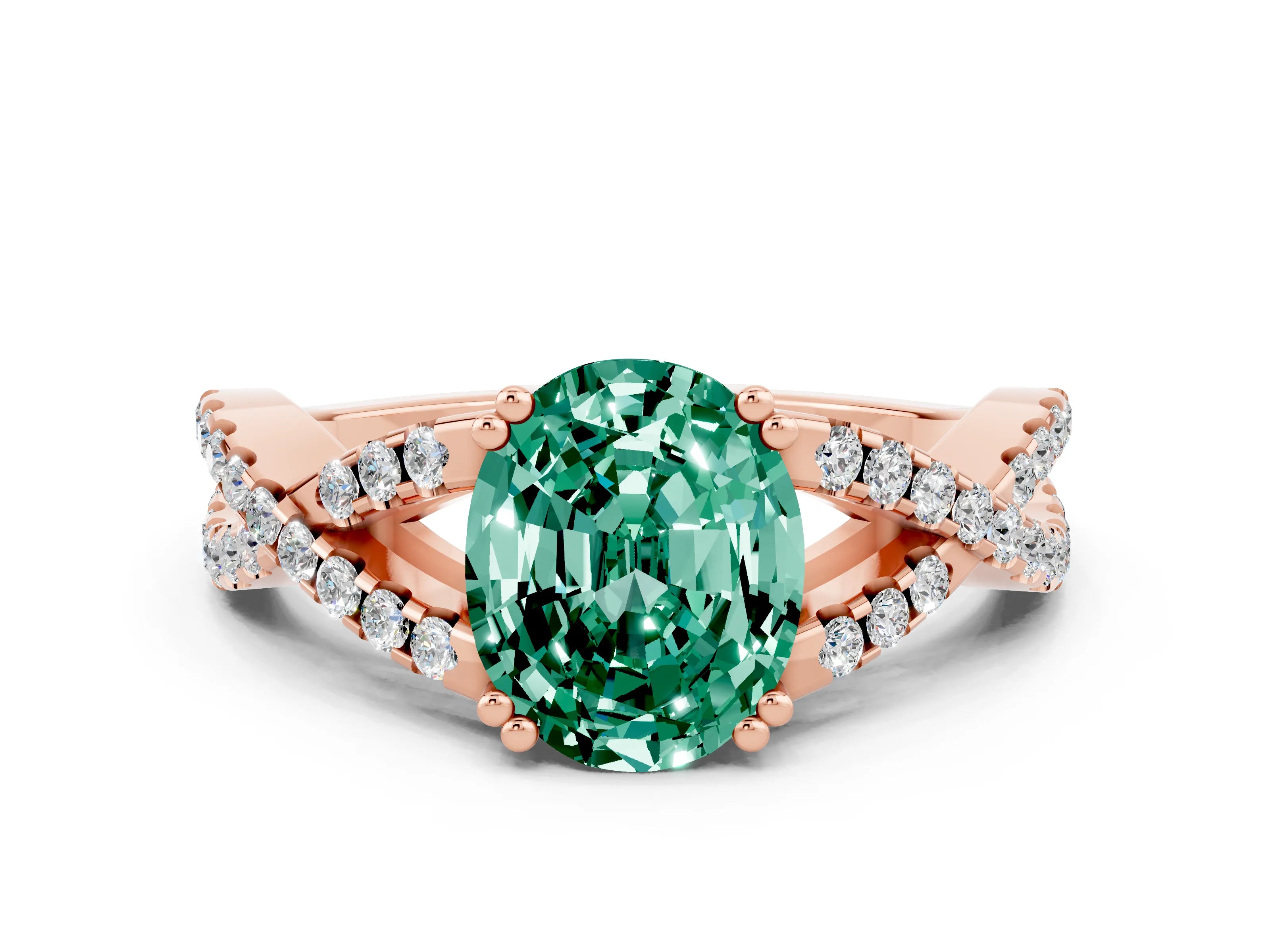 Rose gold Oval Cut Green Sapphire Solitaire Ring with Four-Prong Setting and Twisted Pavé Band
