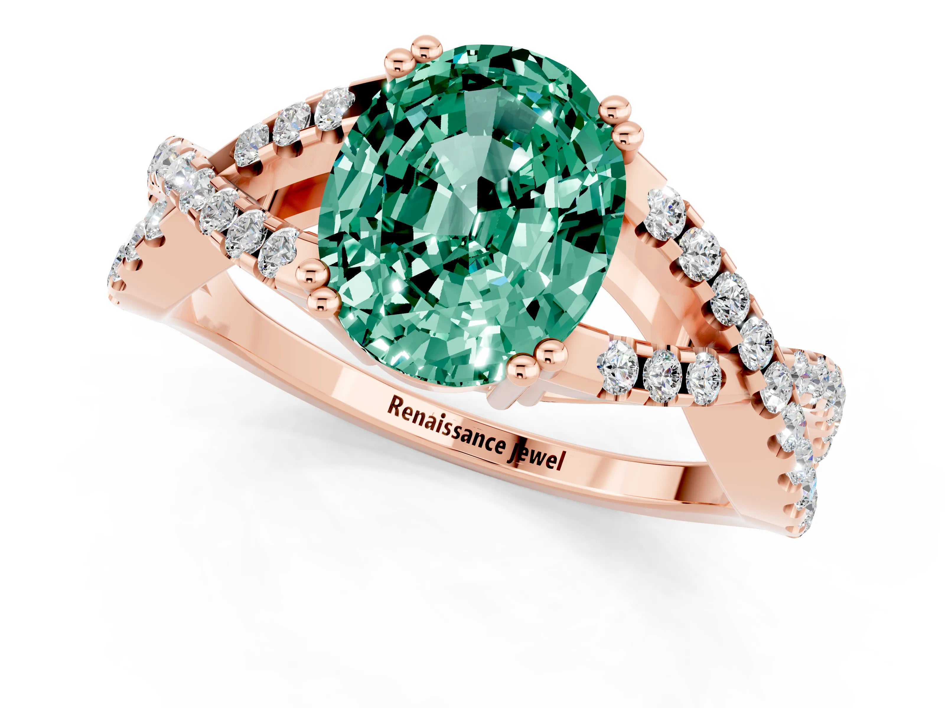 Rose gold Oval Cut Green Sapphire Solitaire Ring with Four-Prong Setting and Twisted Pavé Band_1