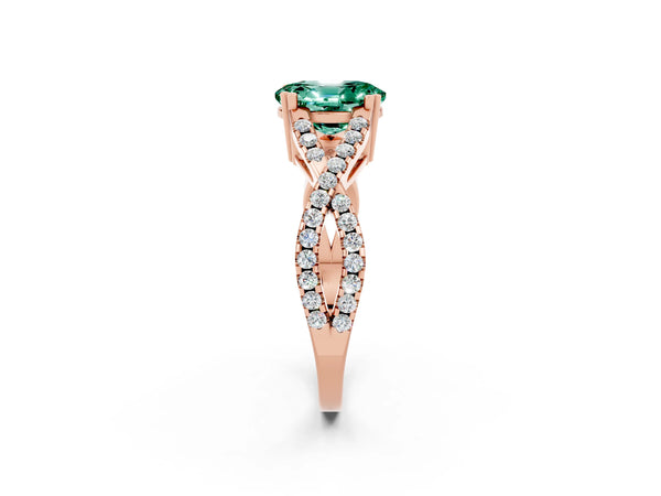Rose gold Oval Cut Green Sapphire Solitaire Ring with Four-Prong Setting and Twisted Pavé Band