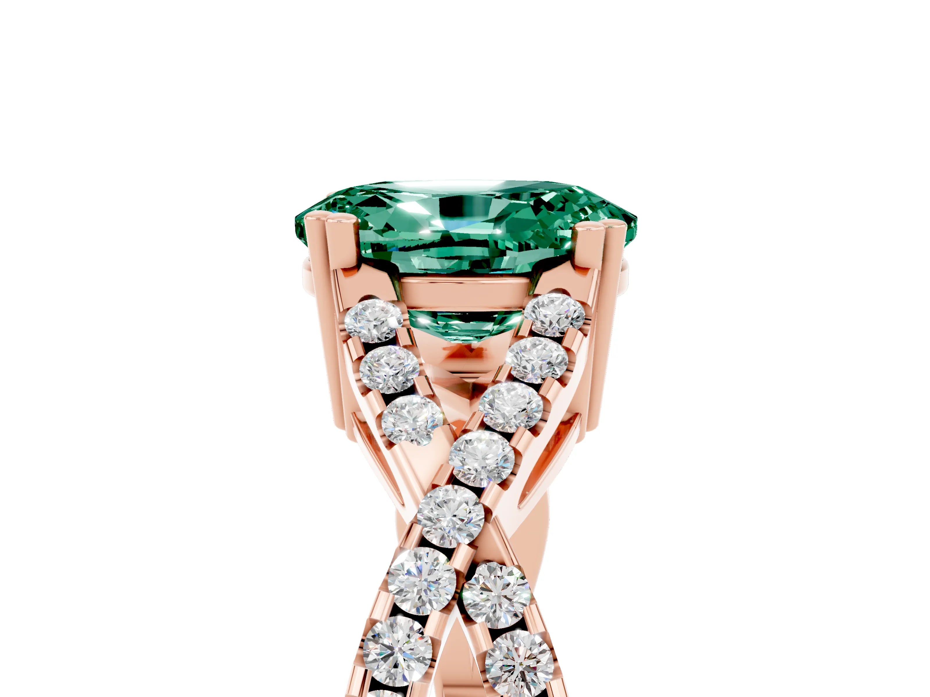 Rose gold Oval Cut Green Sapphire Solitaire Ring with Four-Prong Setting and Twisted Pavé Band_5