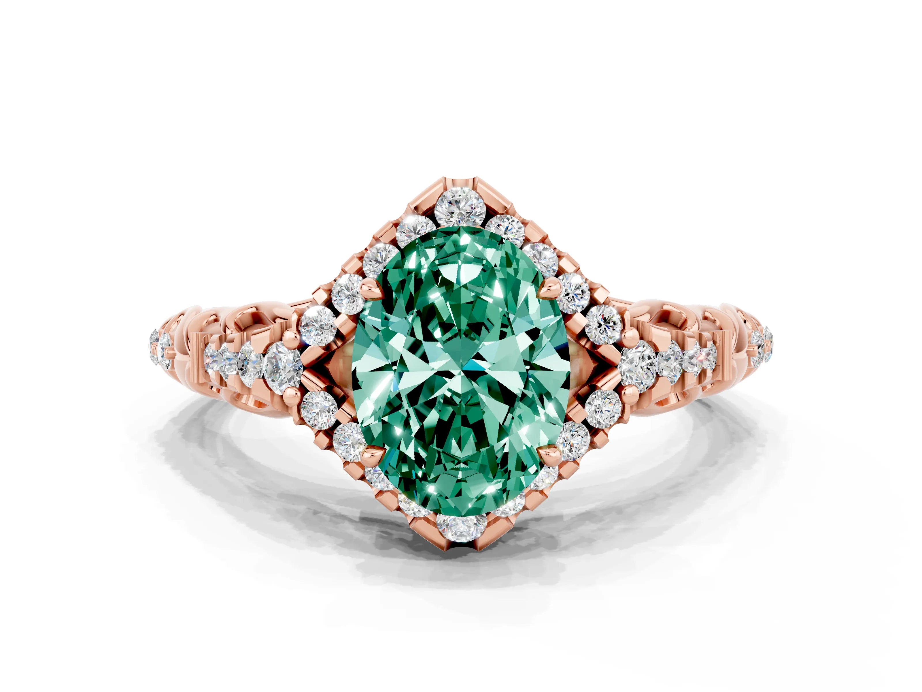 Rose gold Oval Cut Green Sapphire Solitaire Ring with Hidden Halo and Pavé Band_12
