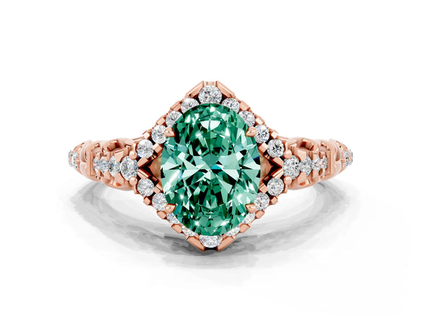 Rose gold Oval Cut Green Sapphire Solitaire Ring with Hidden Halo and Pavé Band