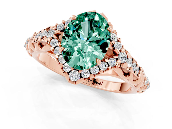 Rose gold Oval Cut Green Sapphire Solitaire Ring with Hidden Halo and Pavé Band