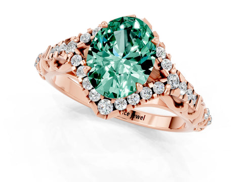 Rose gold Oval Cut Green Sapphire Solitaire Ring with Hidden Halo and Pavé Band_13