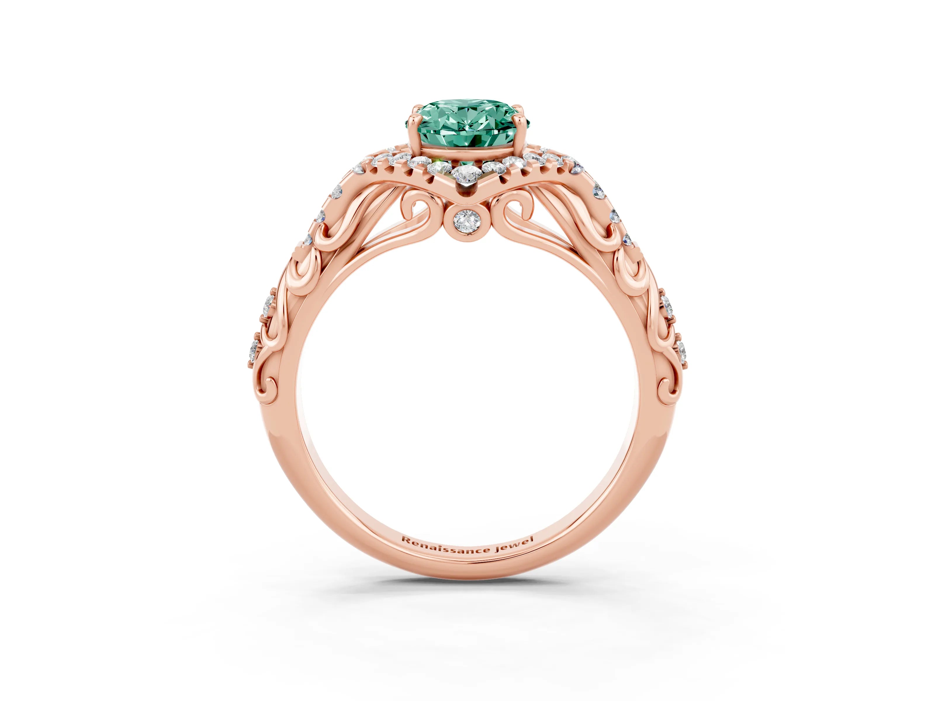 Rose gold Oval Cut Green Sapphire Solitaire Ring with Hidden Halo and Pavé Band_15