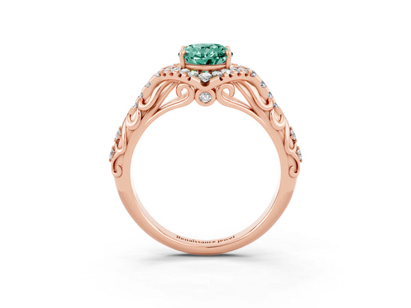 Rose gold Oval Cut Green Sapphire Solitaire Ring with Hidden Halo and Pavé Band