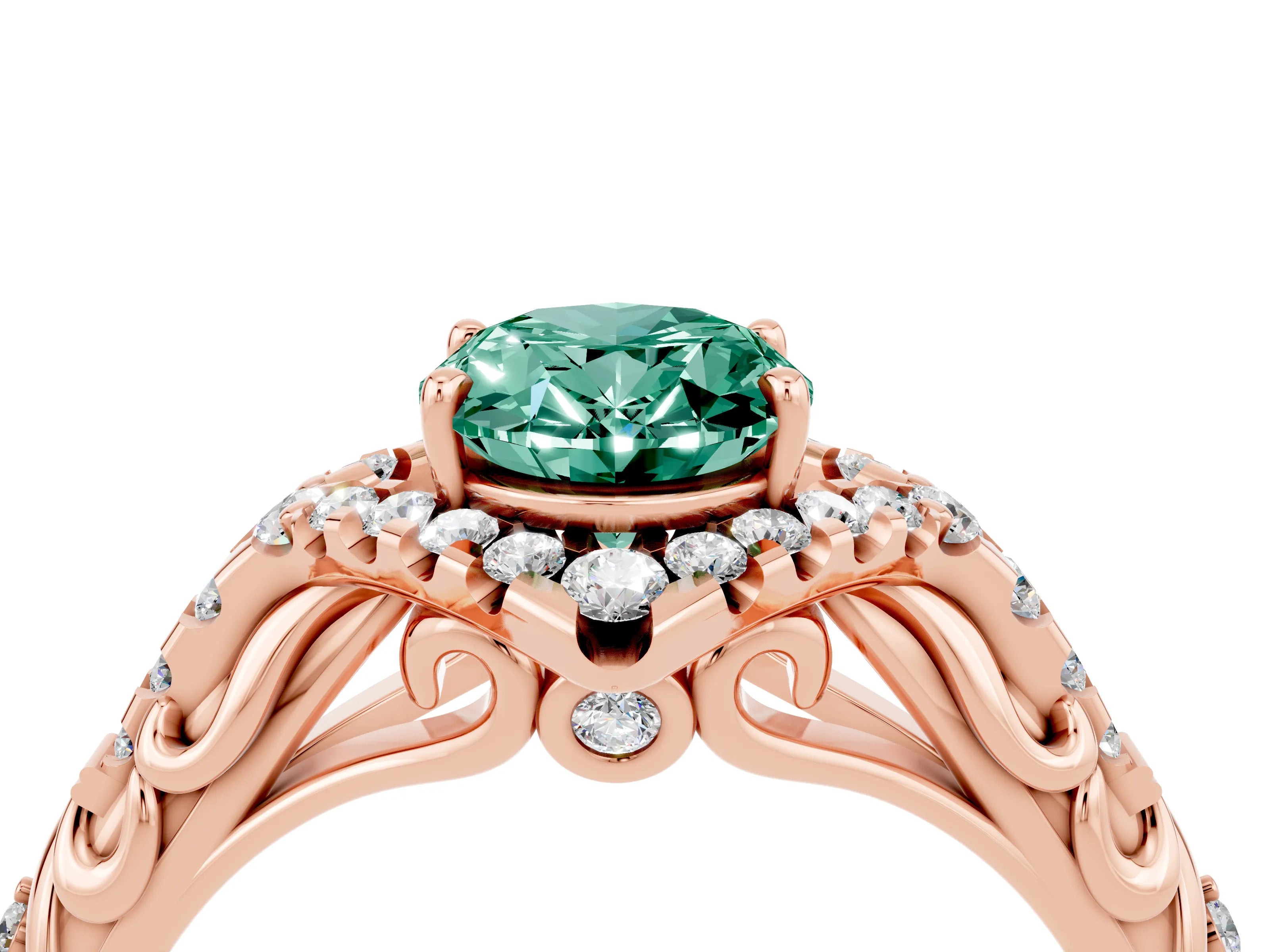 Rose gold Oval Cut Green Sapphire Solitaire Ring with Hidden Halo and Pavé Band_16