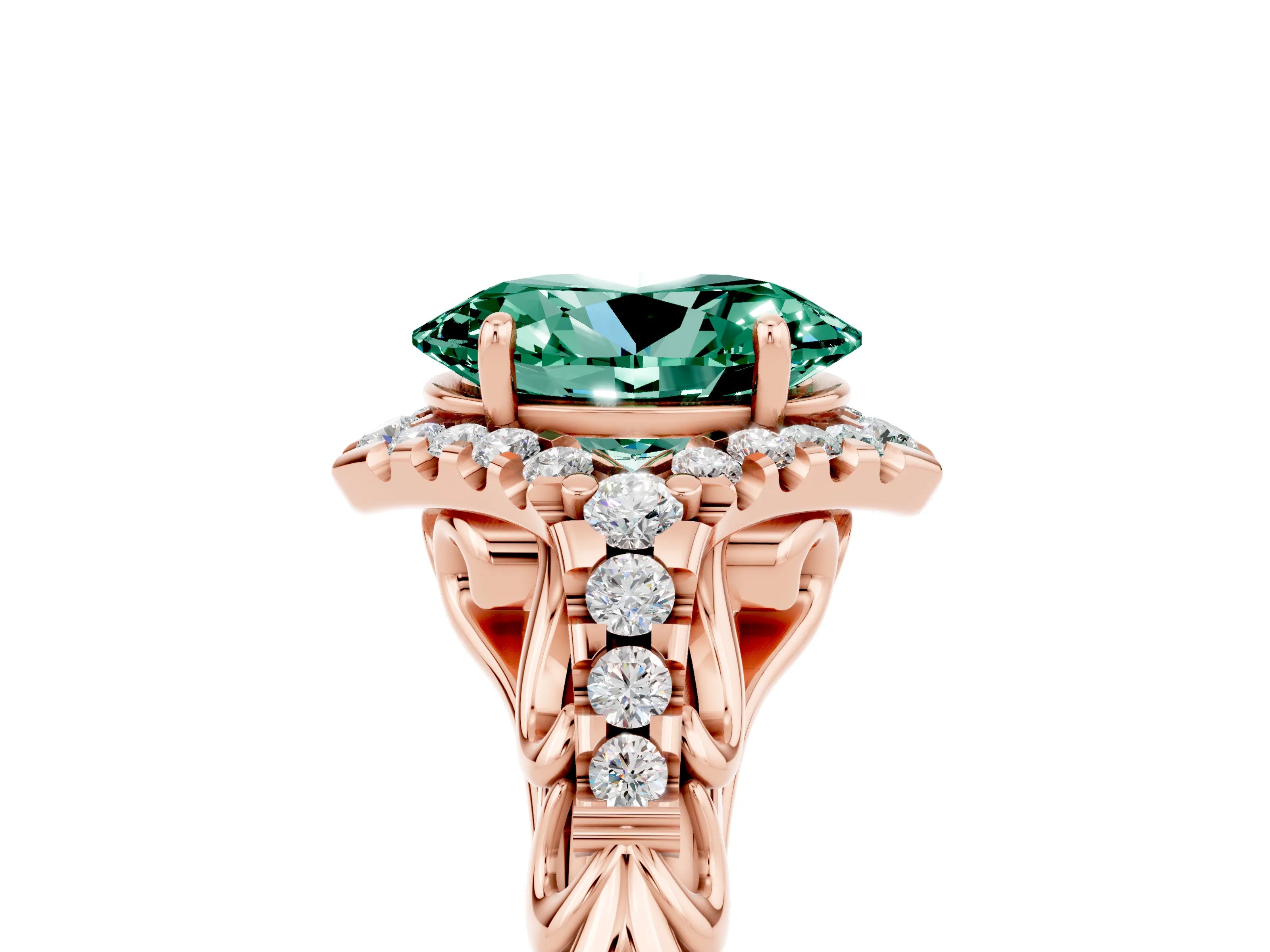 Rose gold Oval Cut Green Sapphire Solitaire Ring with Hidden Halo and Pavé Band_17