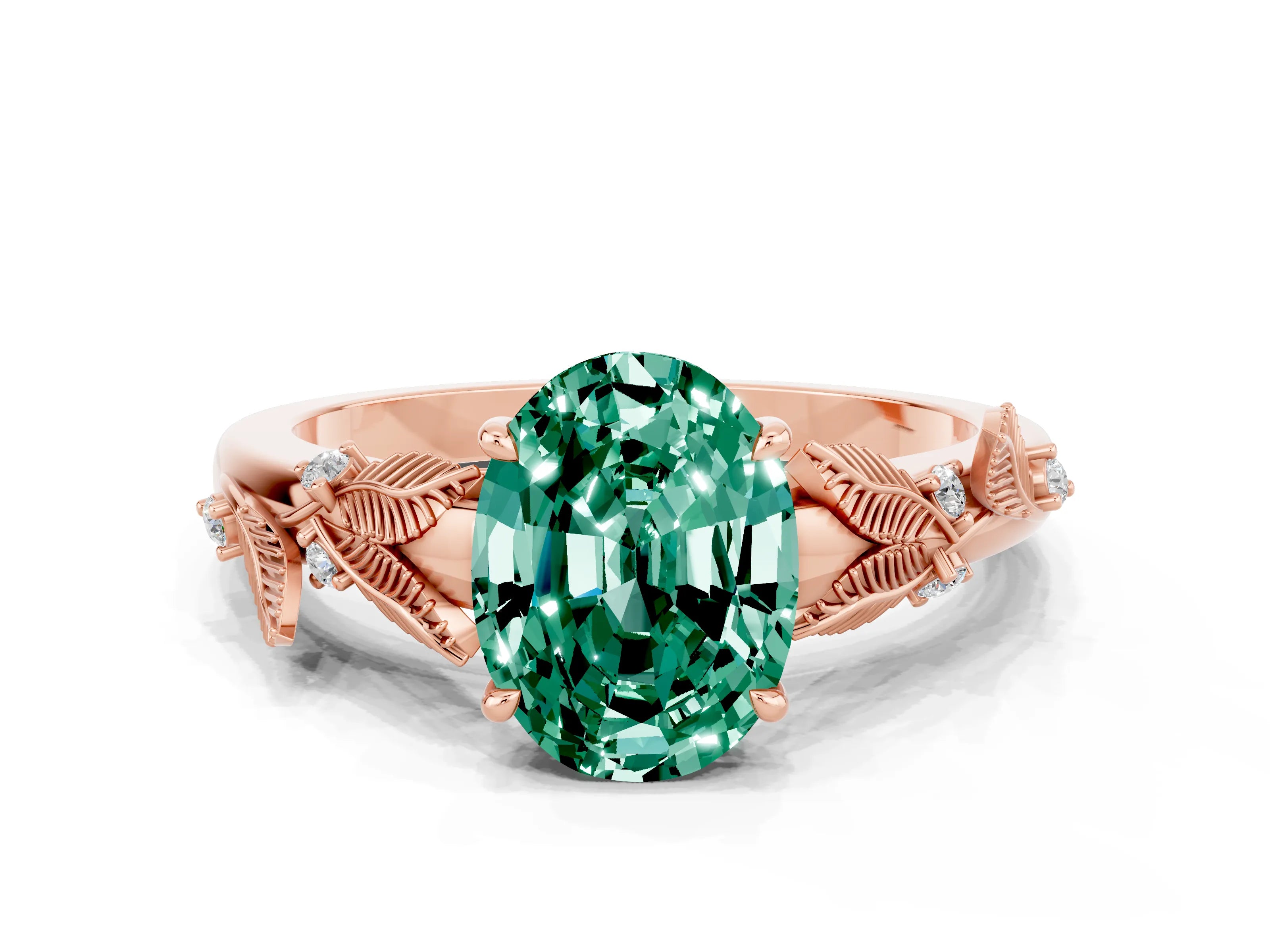 Rose gold Oval Cut Green Sapphire Solitaire Ring with Leaf Motif Band and Four-Prong Setting