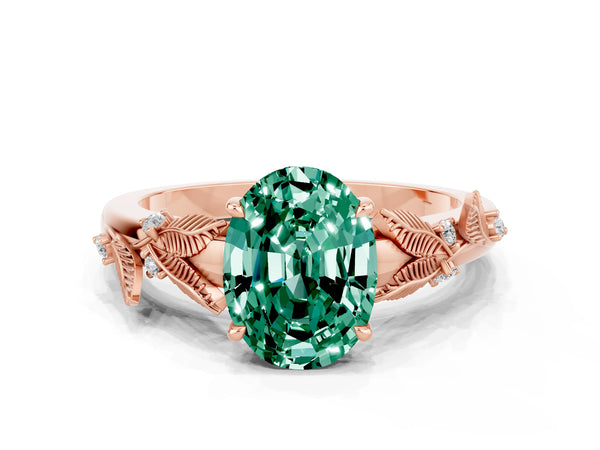 Rose gold Oval Cut Green Sapphire Solitaire Ring with Leaf Motif Band and Four-Prong Setting