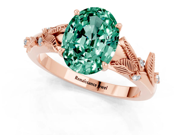 Rose gold Oval Cut Green Sapphire Solitaire Ring with Leaf Motif Band and Four-Prong Setting