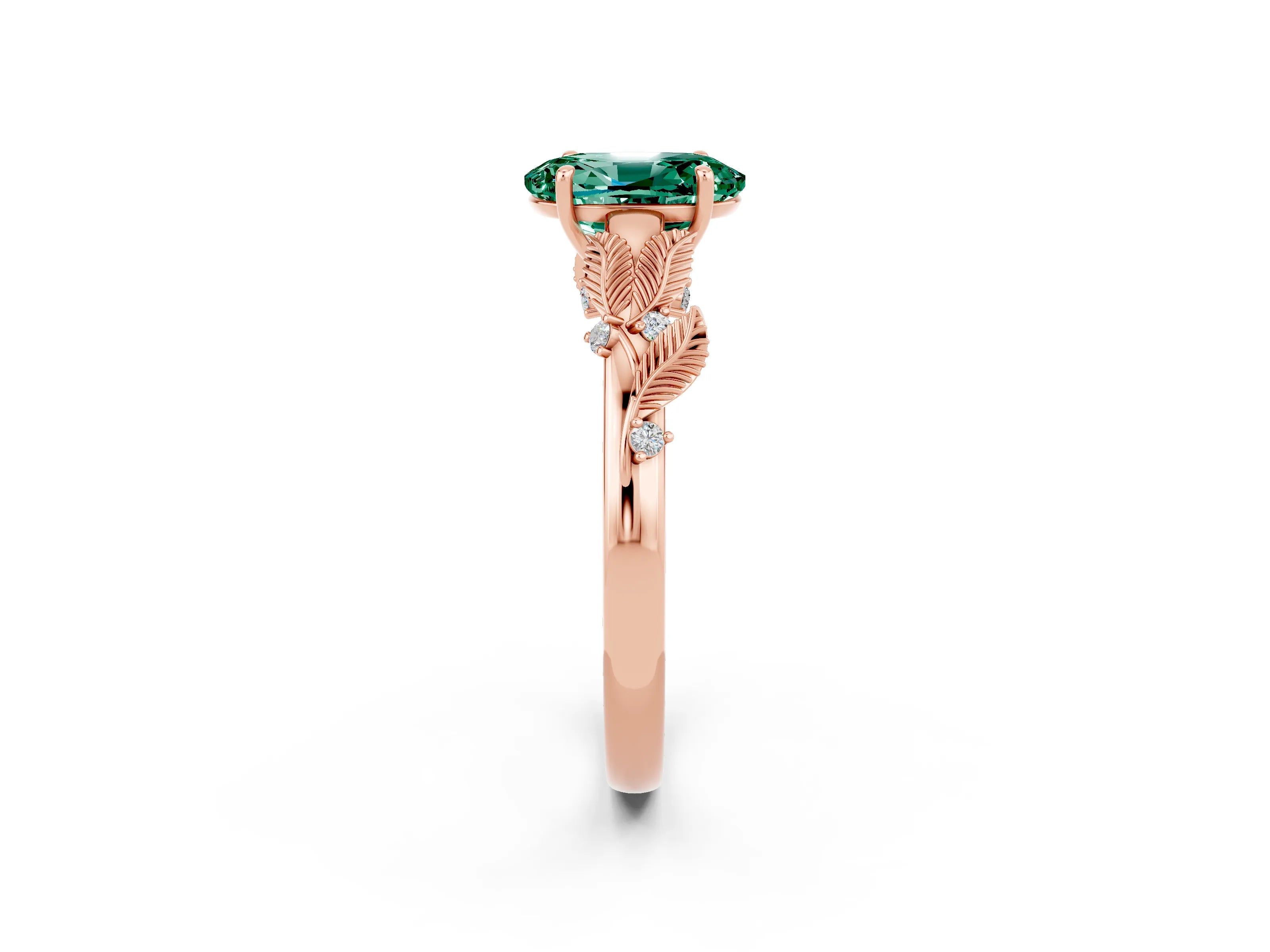 Rose gold Oval Cut Green Sapphire Solitaire Ring with Leaf Motif Band and Four-Prong Setting_2