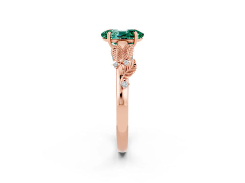 Rose gold Oval Cut Green Sapphire Solitaire Ring with Leaf Motif Band and Four-Prong Setting_2