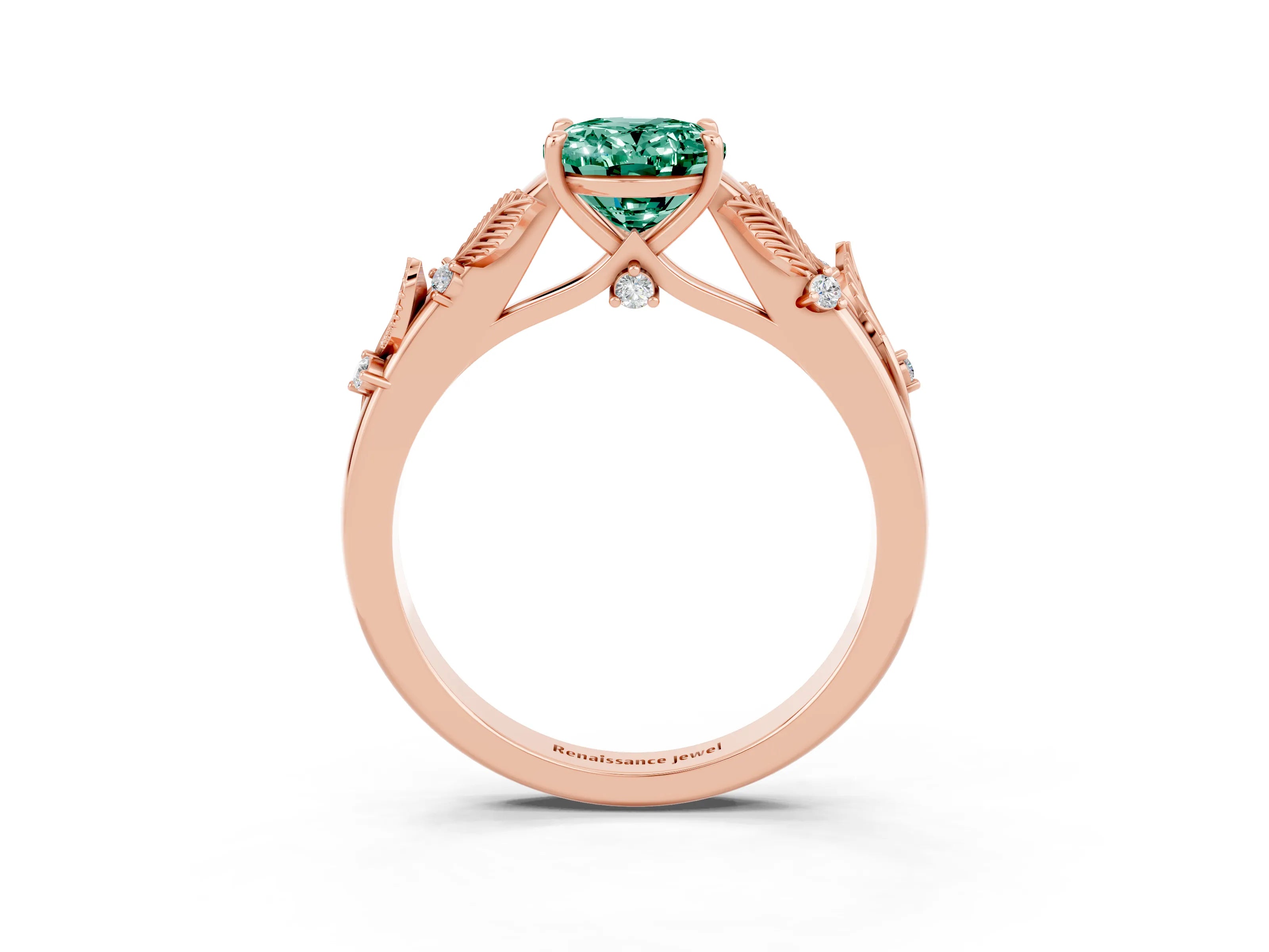 Rose gold Oval Cut Green Sapphire Solitaire Ring with Leaf Motif Band and Four-Prong Setting_3