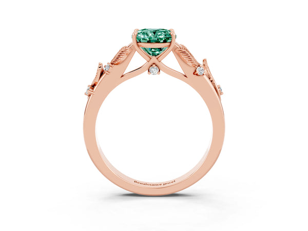 Rose gold Oval Cut Green Sapphire Solitaire Ring with Leaf Motif Band and Four-Prong Setting