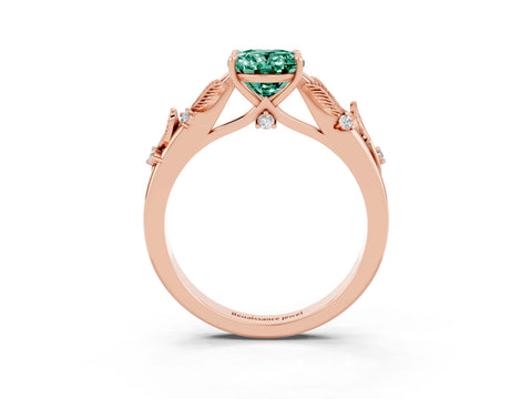 Rose gold Oval Cut Green Sapphire Solitaire Ring with Leaf Motif Band and Four-Prong Setting_3
