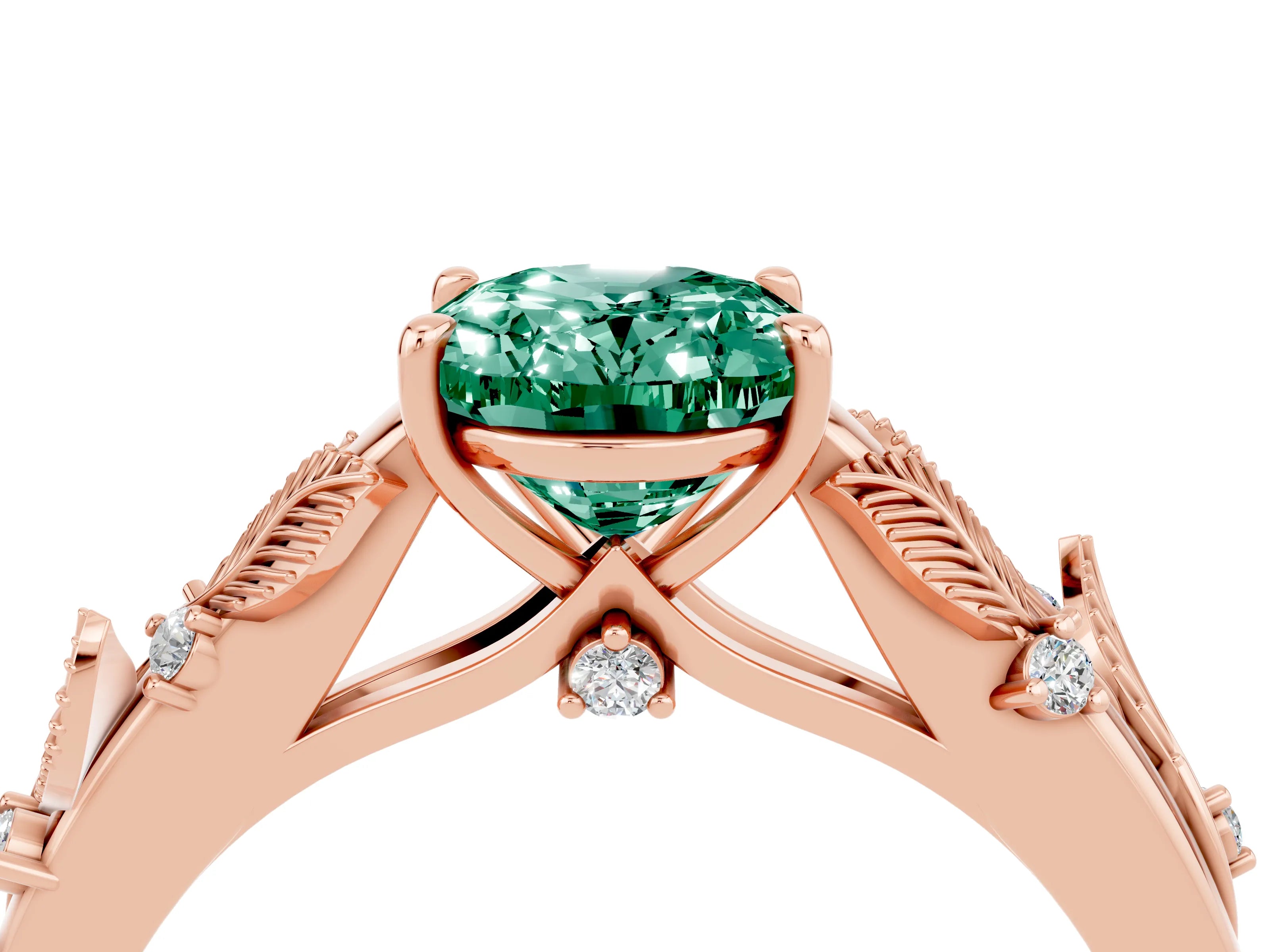 Rose gold Oval Cut Green Sapphire Solitaire Ring with Leaf Motif Band and Four-Prong Setting_4