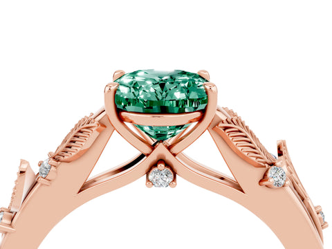 Rose gold Oval Cut Green Sapphire Solitaire Ring with Leaf Motif Band and Four-Prong Setting_4