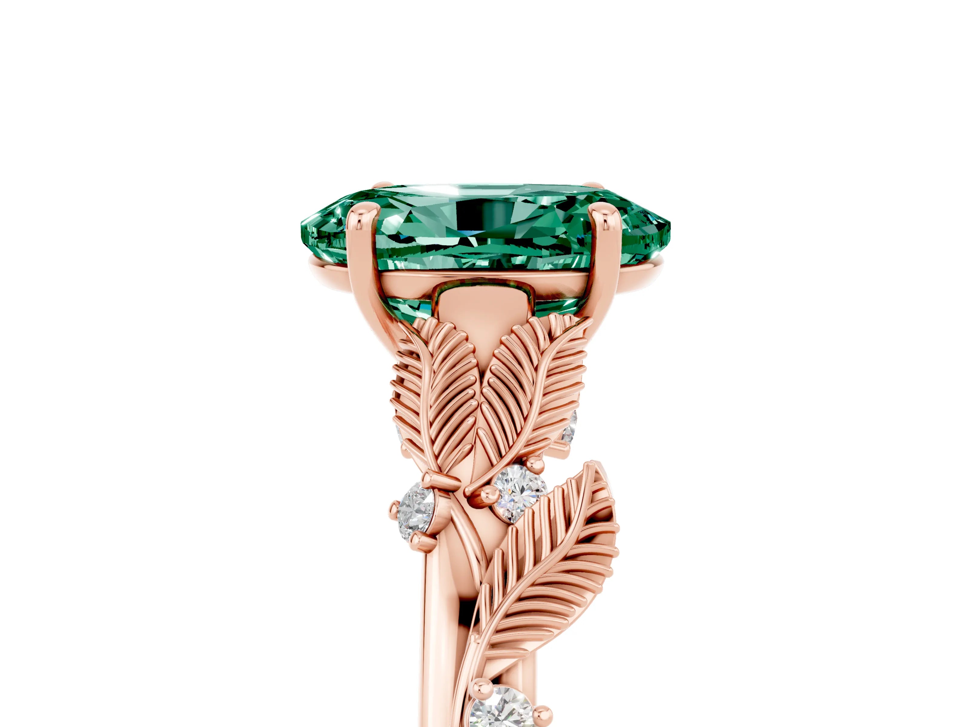 Rose gold Oval Cut Green Sapphire Solitaire Ring with Leaf Motif Band and Four-Prong Setting_5