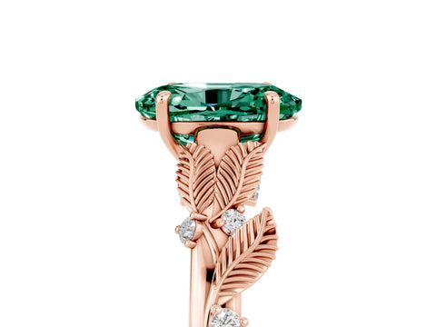 Rose gold Oval Cut Green Sapphire Solitaire Ring with Leaf Motif Band and Four-Prong Setting_5
