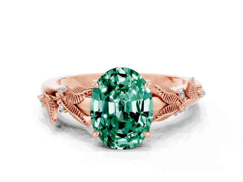 Rose gold Oval Cut Green Sapphire Solitaire Ring with Leaf Motif Band and Four-Prong Setting
