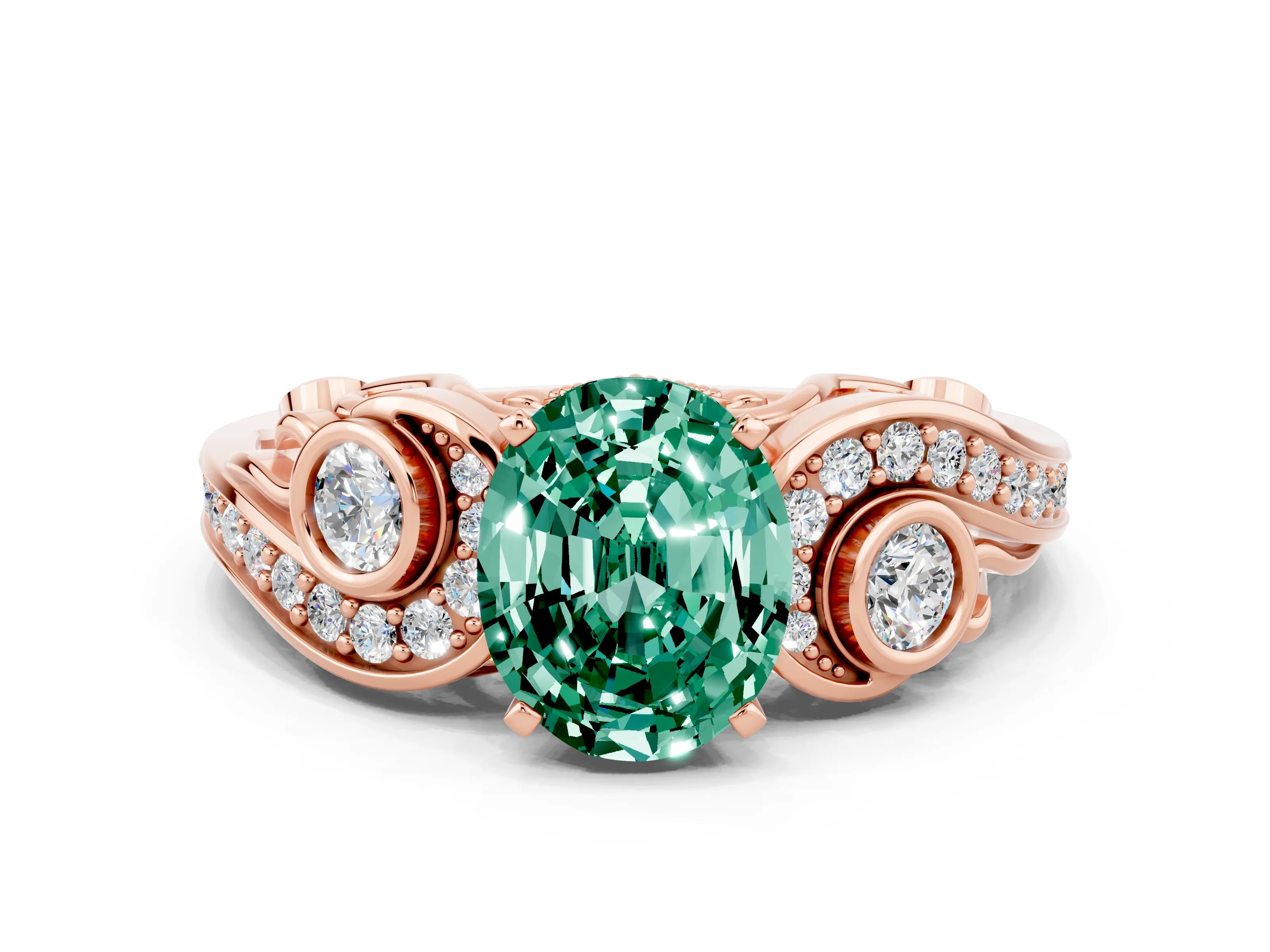 Rose gold Oval Cut Green Sapphire Solitaire Ring with Milgrain Pavé Band and Four-Prong Setting_24
