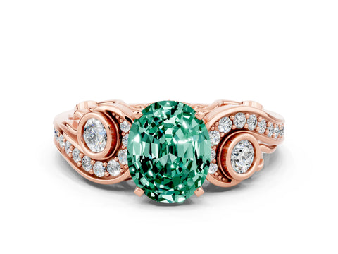 Rose gold Oval Cut Green Sapphire Solitaire Ring with Milgrain Pavé Band and Four-Prong Setting_24