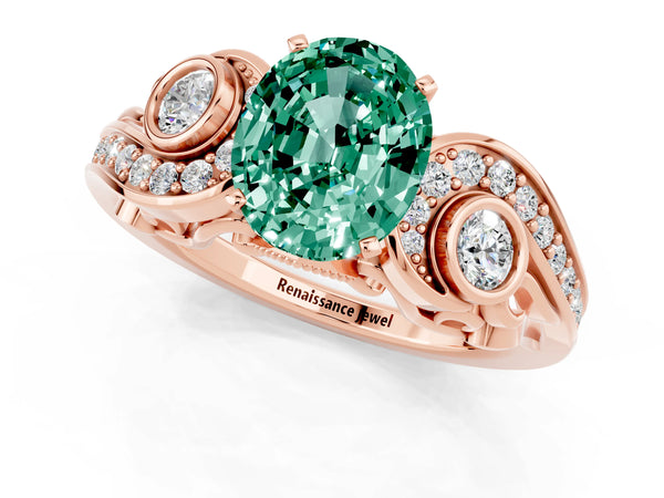 Rose gold Oval Cut Green Sapphire Solitaire Ring with Milgrain Pavé Band and Four-Prong Setting
