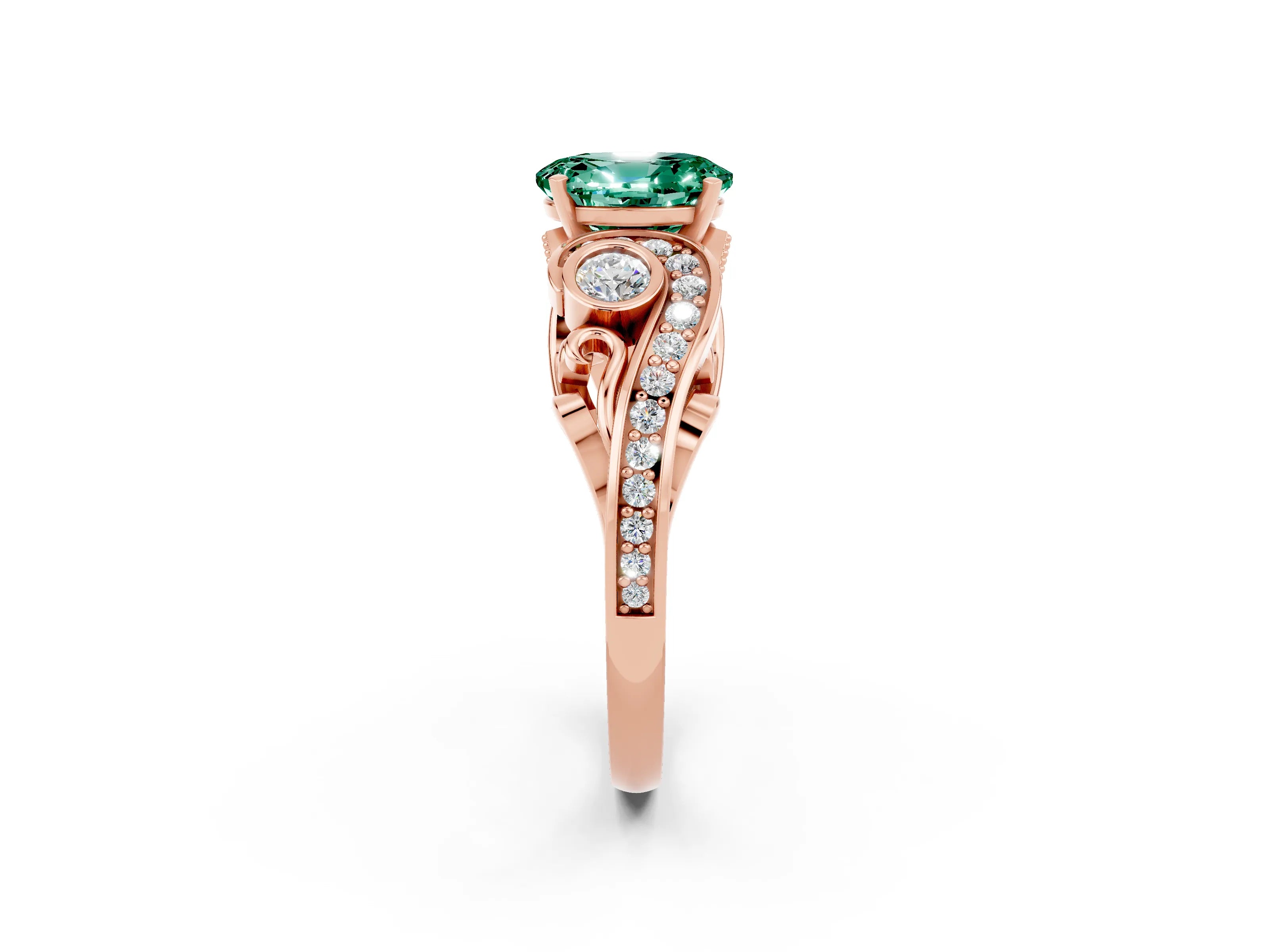 Rose gold Oval Cut Green Sapphire Solitaire Ring with Milgrain Pavé Band and Four-Prong Setting_26