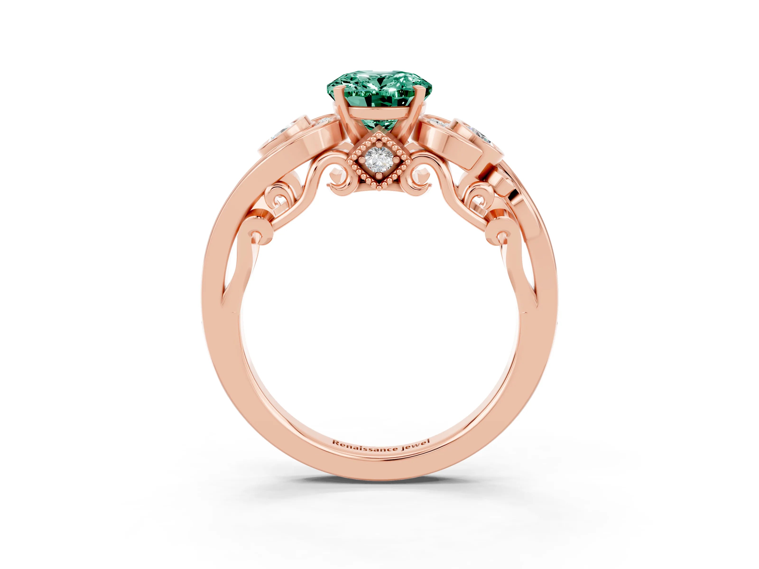 Rose gold Oval Cut Green Sapphire Solitaire Ring with Milgrain Pavé Band and Four-Prong Setting_27