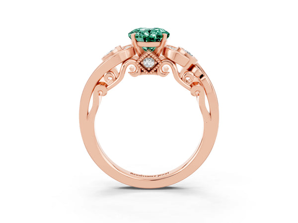 Rose gold Oval Cut Green Sapphire Solitaire Ring with Milgrain Pavé Band and Four-Prong Setting