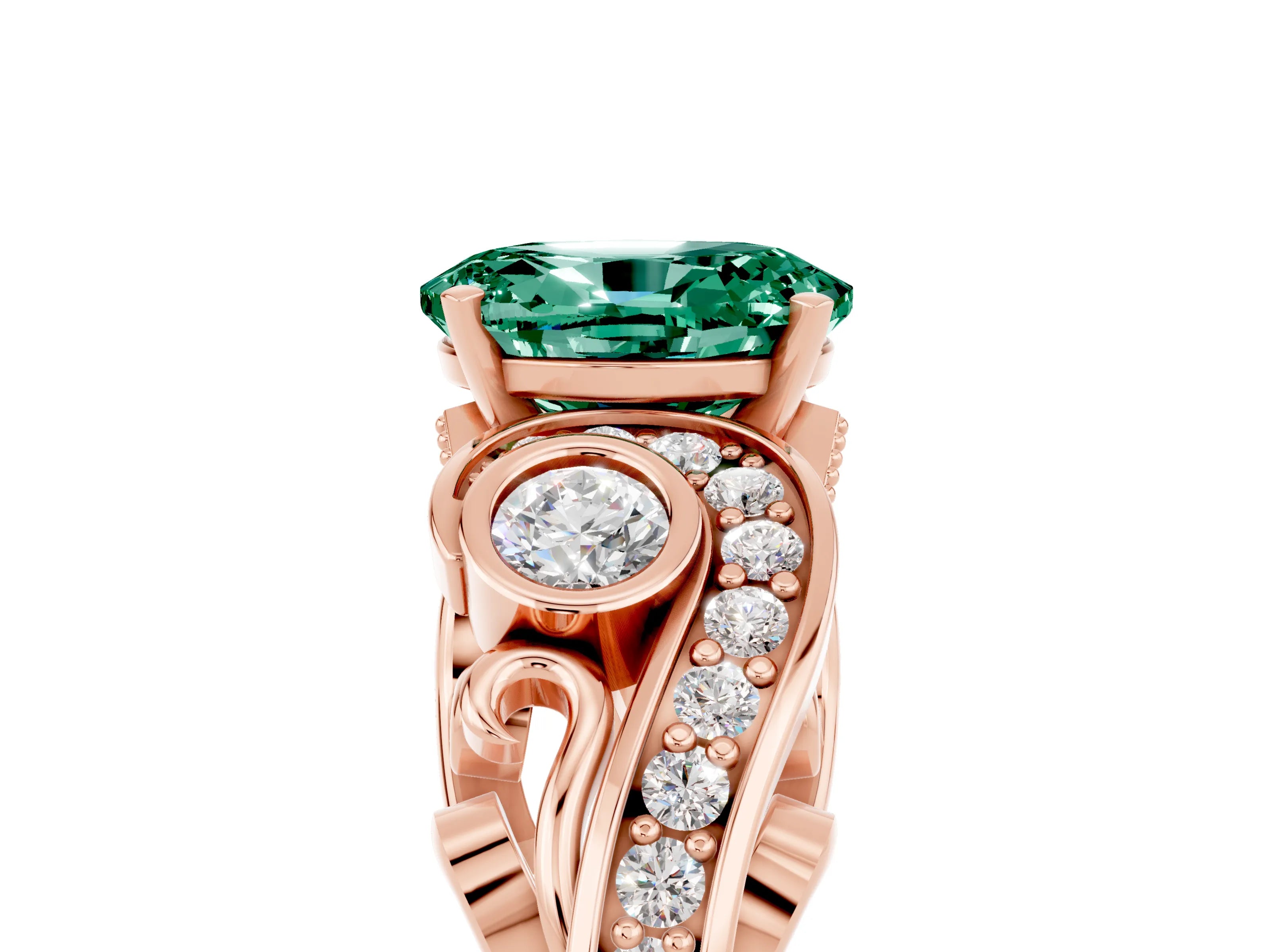 Rose gold Oval Cut Green Sapphire Solitaire Ring with Milgrain Pavé Band and Four-Prong Setting_29