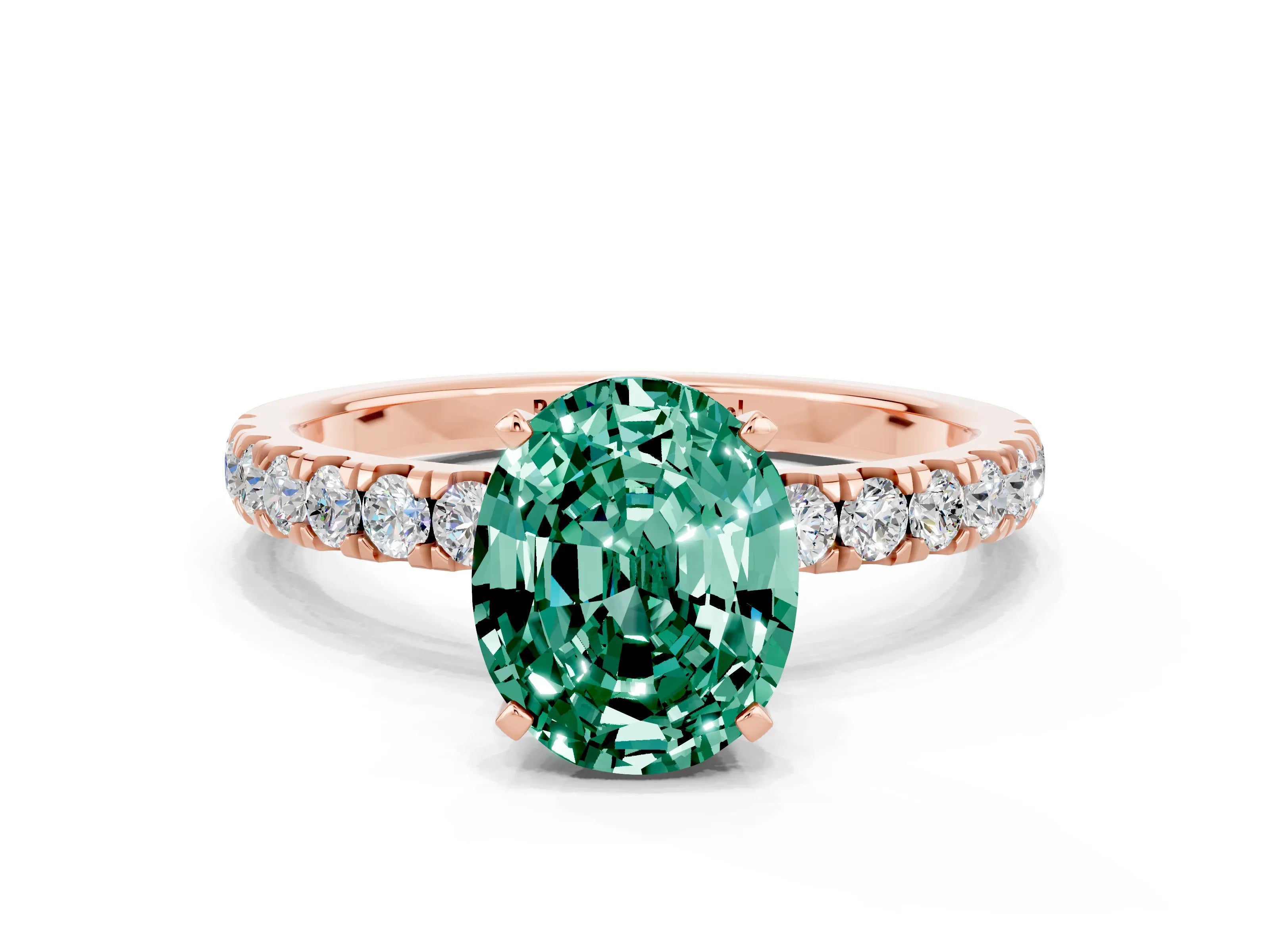 Rose gold Oval Cut Green Sapphire Solitaire Ring with Pavé Accents and Four-Prong Setting