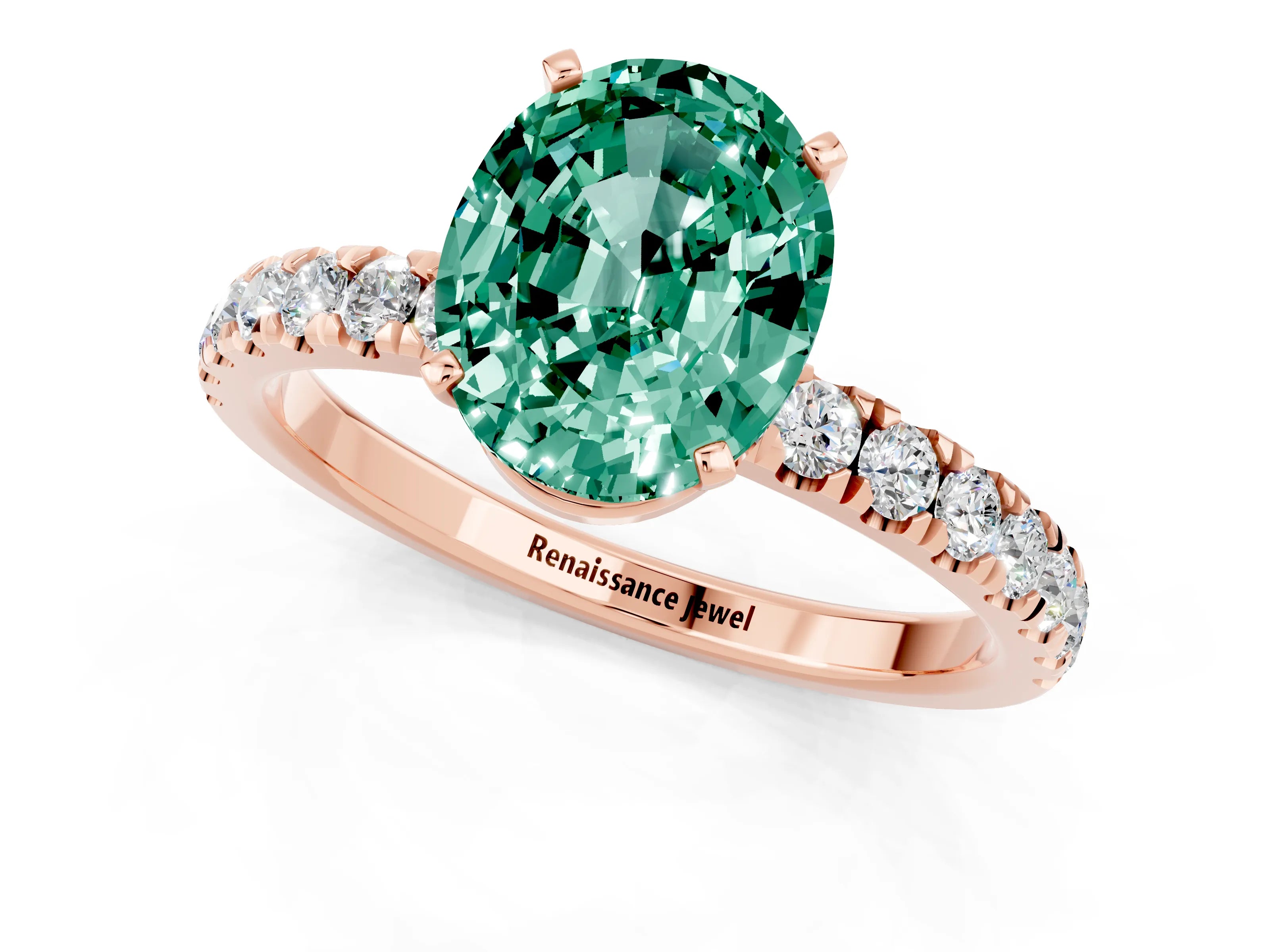 Rose gold Oval Cut Green Sapphire Solitaire Ring with Pavé Accents and Four-Prong Setting_1