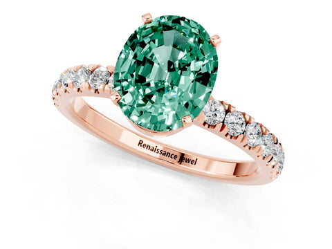 Rose gold Oval Cut Green Sapphire Solitaire Ring with Pavé Accents and Four-Prong Setting_1