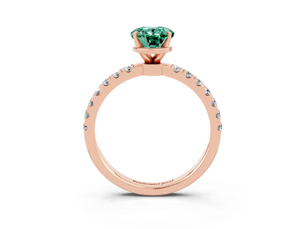 Rose gold Oval Cut Green Sapphire Solitaire Ring with Pavé Accents and Four-Prong Setting