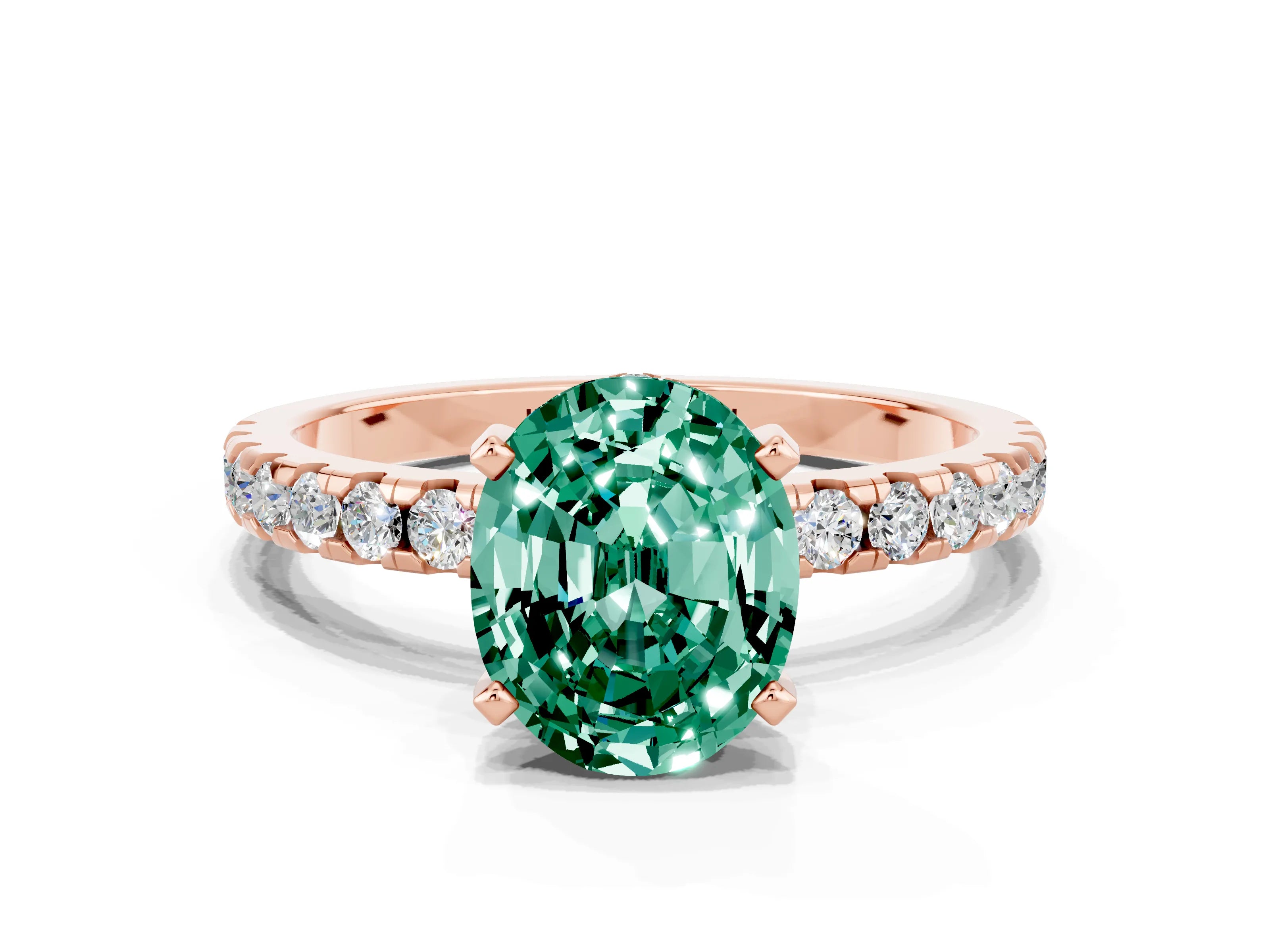 Rose gold Oval Cut Green Sapphire Solitaire Ring with Pavé Band and Four-Prong Setting_24