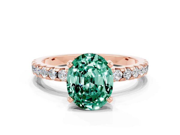 Rose gold Oval Cut Green Sapphire Solitaire Ring with Round  Pavé Band and Four-Prong Setting