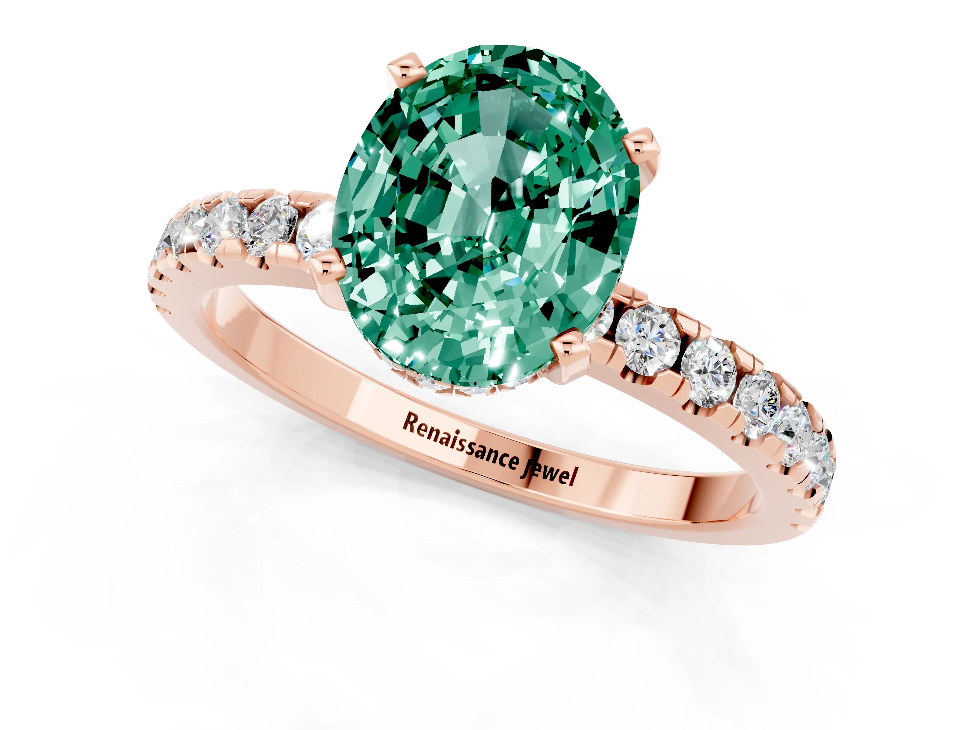 Rose gold Oval Cut Green Sapphire Solitaire Ring with Pavé Band and Four-Prong Setting_25
