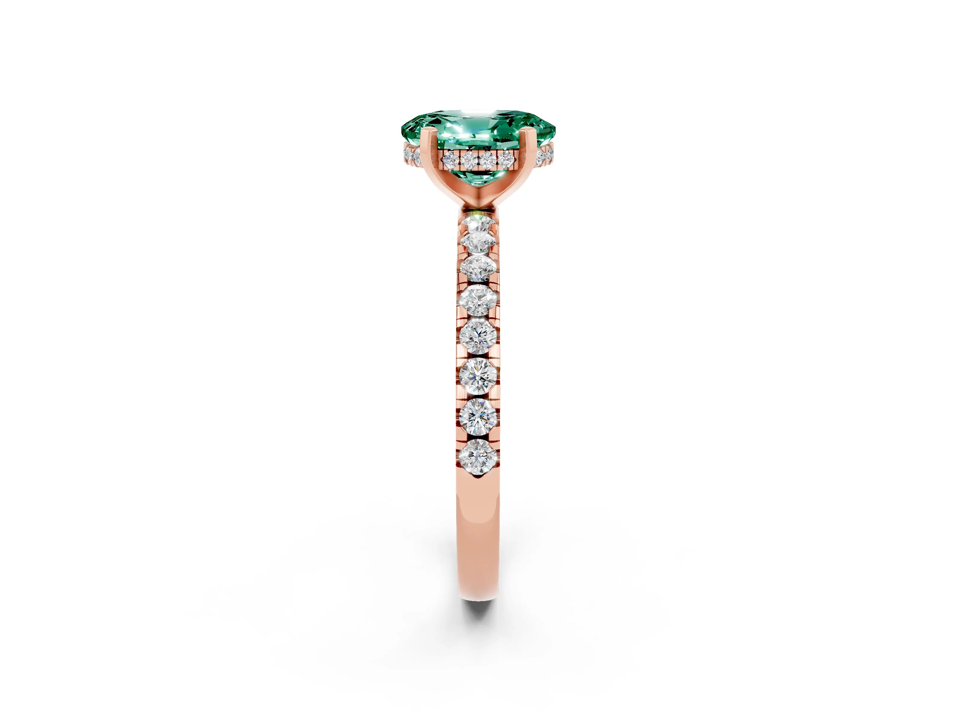 Rose gold Oval Cut Green Sapphire Solitaire Ring with Pavé Band and Four-Prong Setting_26