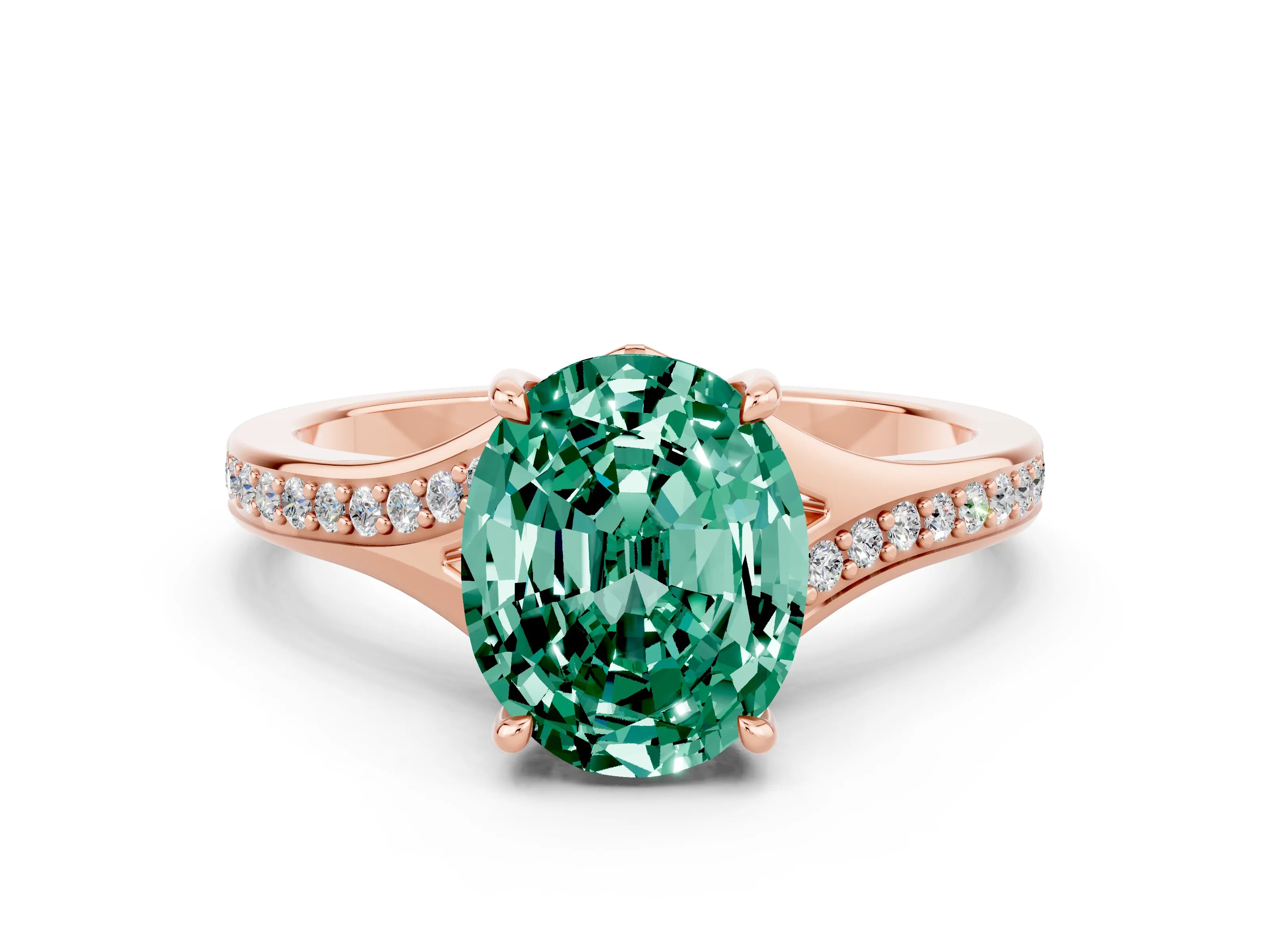 Rose gold Oval Cut Green Sapphire Solitaire Ring with Pavé Band and Prong Setting_12