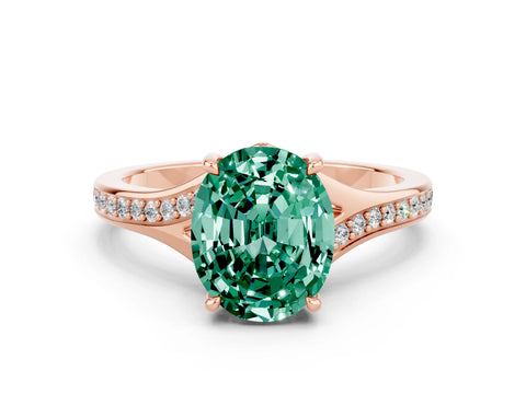 Rose gold Oval Cut Green Sapphire Solitaire Ring with Pavé Band and Prong Setting_12