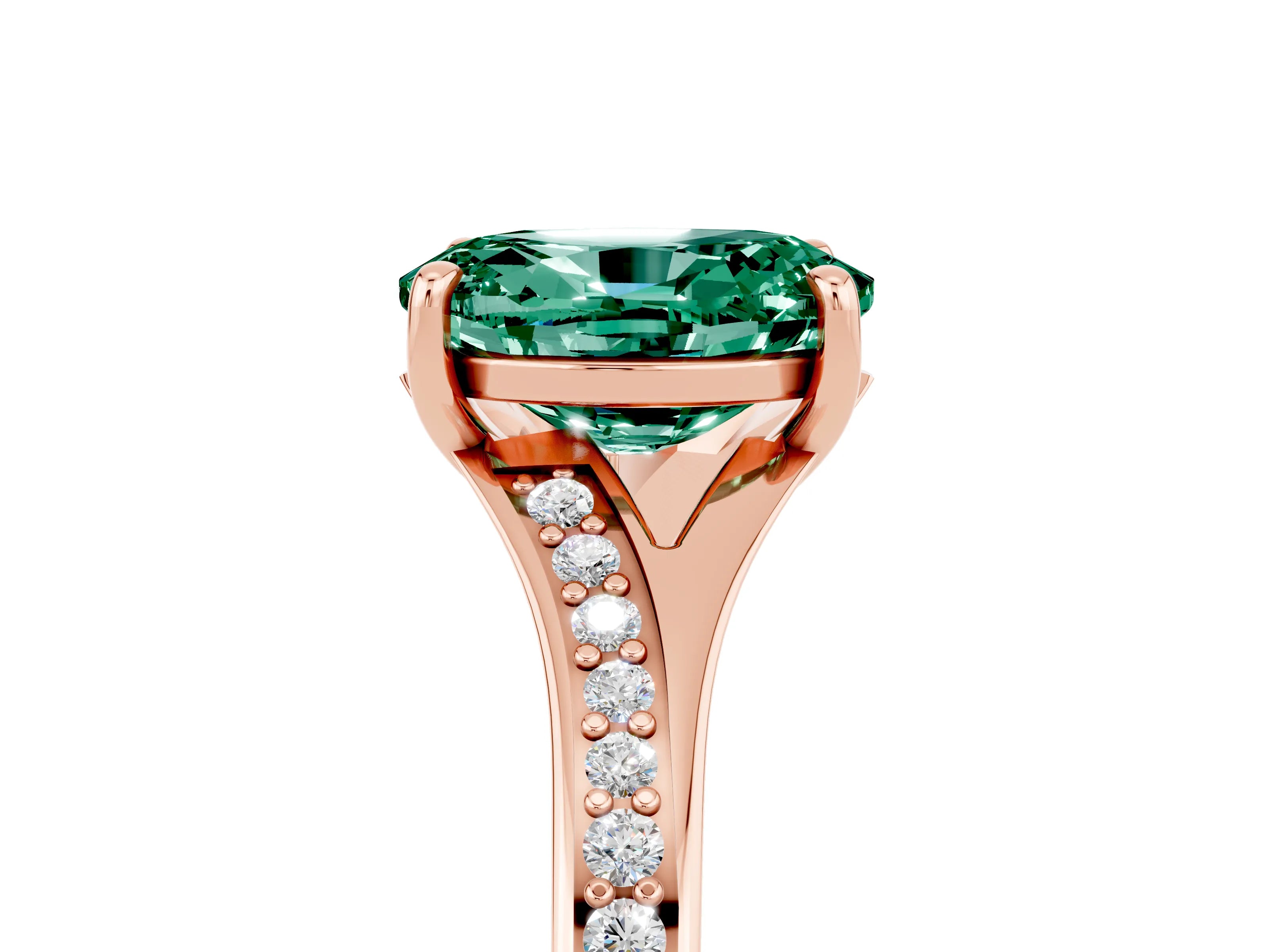 Rose gold Oval Cut Green Sapphire Solitaire Ring with Pavé Band and Prong Setting_17
