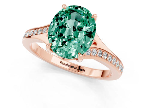 Rose gold Oval Cut Green Sapphire Solitaire Ring with Pavé Band and Prong Setting_1