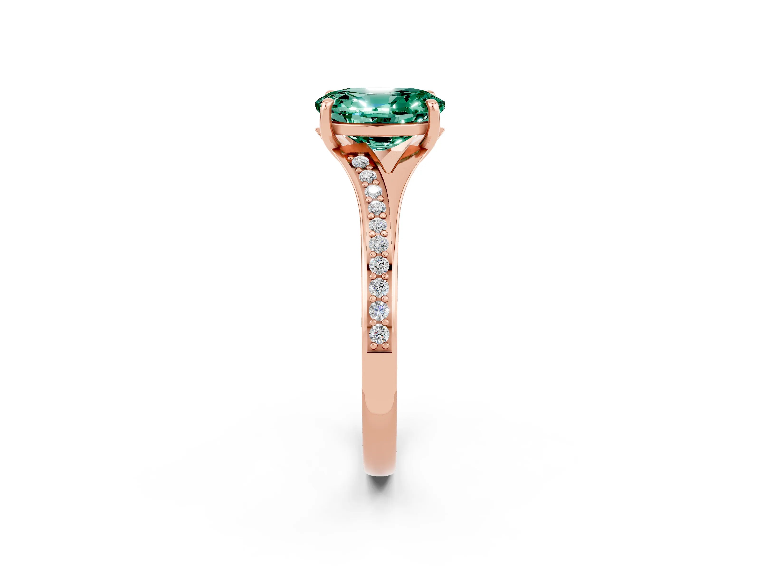 Rose gold Oval Cut Green Sapphire Solitaire Ring with Pavé Band and Prong Setting_2