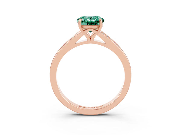 Rose gold Oval Cut Green Sapphire Solitaire Ring with Pavé Band and Prong Setting